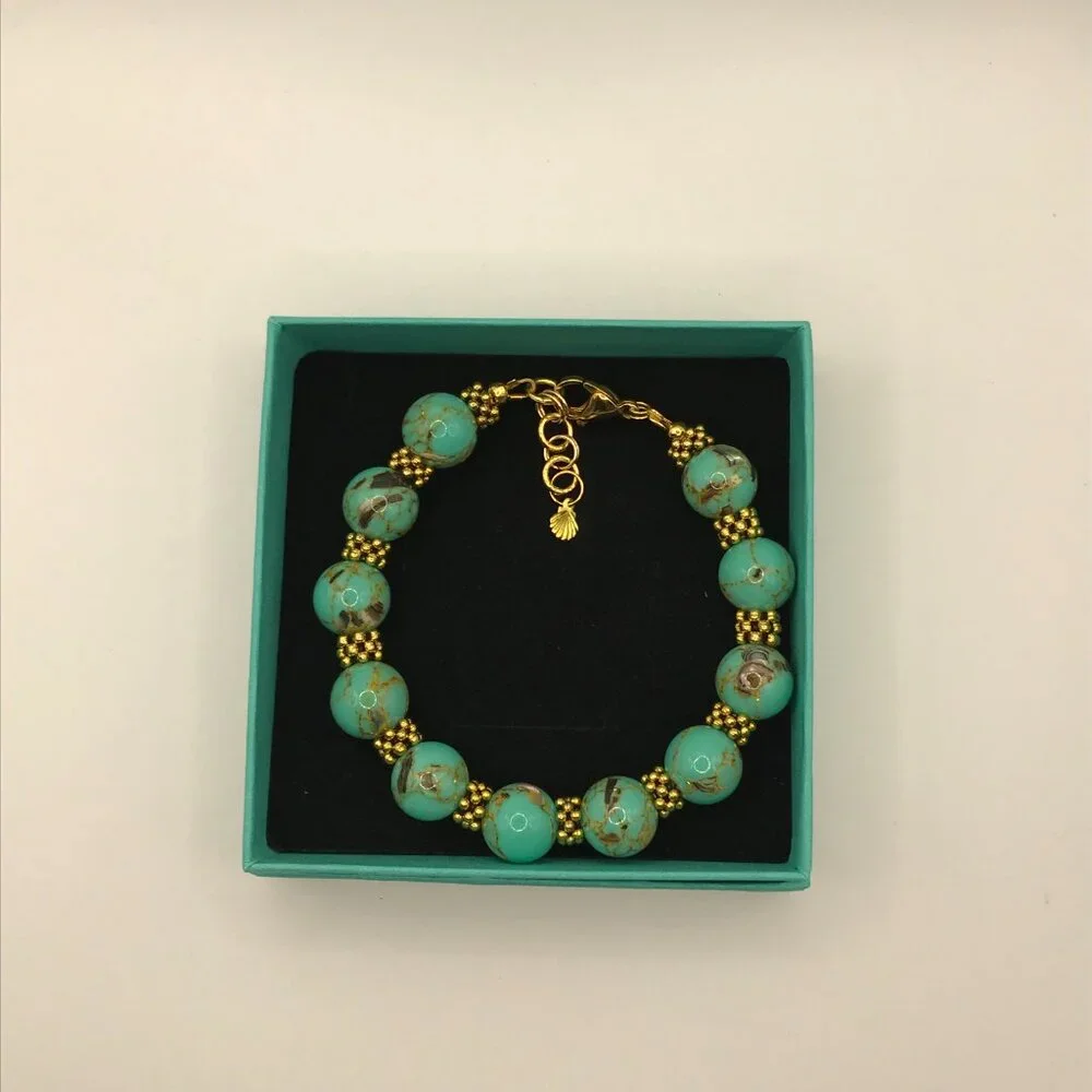 Turquoise Sea Shell Beaded Bracelet with large Stainless Steel Gold Plated Clasp